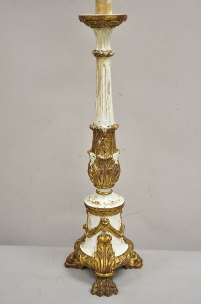 Antique Italian Neoclassical Carved Gold Giltwood White Candlestick Table Lamp