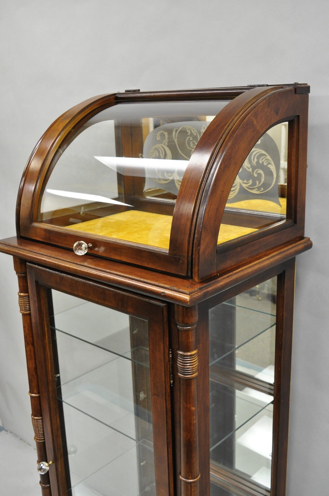 Victorian Style Cherry Wood Curved Glass Lighted Narrow Curio Display Cabinet