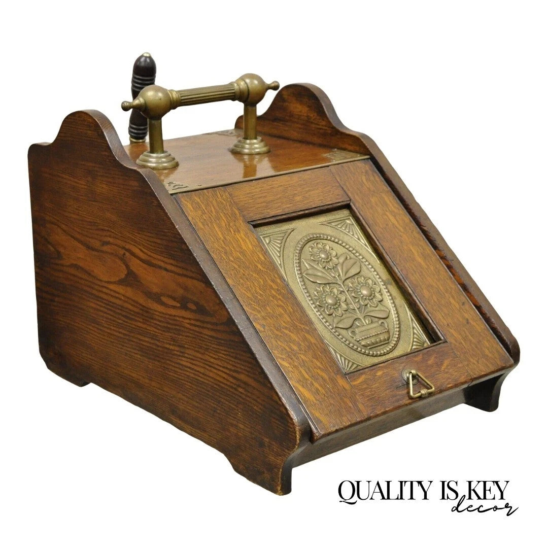 Antique Victorian Oak and Brass Fireplace Coal Scuttle Box Bucket w/ Scoop