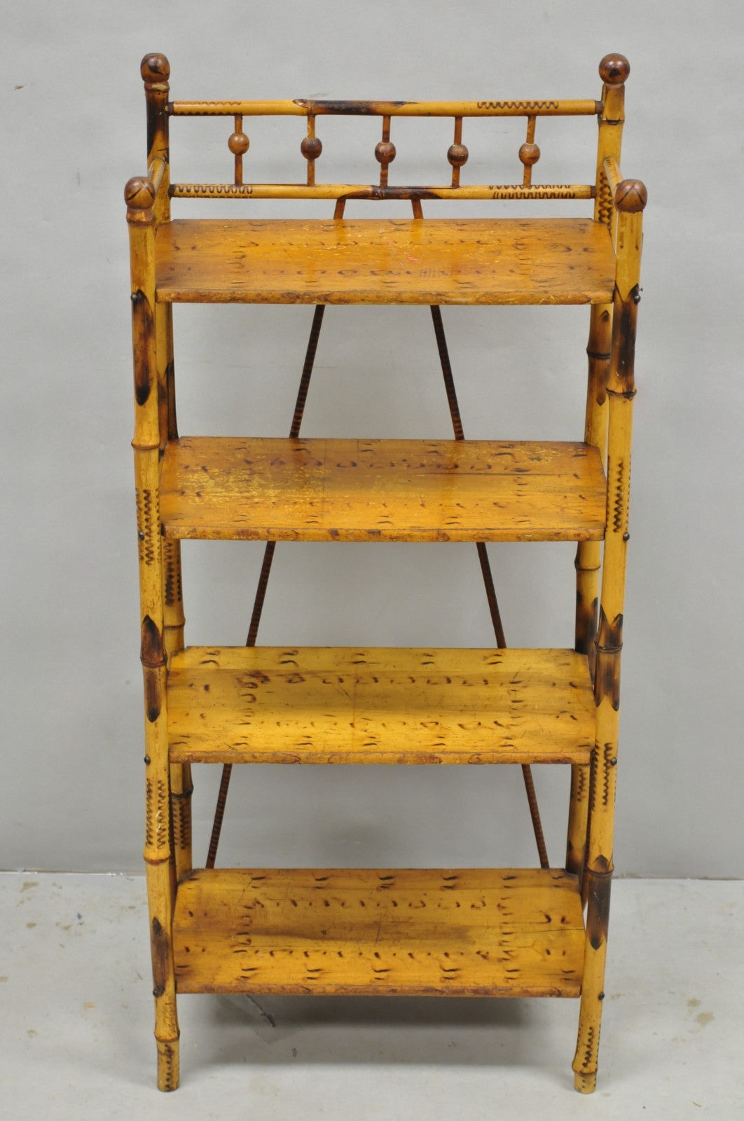 Antique English Victorian Burnt Bamboo Stick & Ball Small Bookcase Curio Shelf