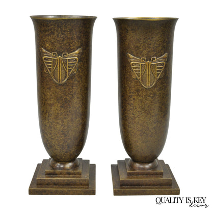 Antique French Art Deco Bronze Fluted Altar Vase w/ Butterfly Moth - a Pair