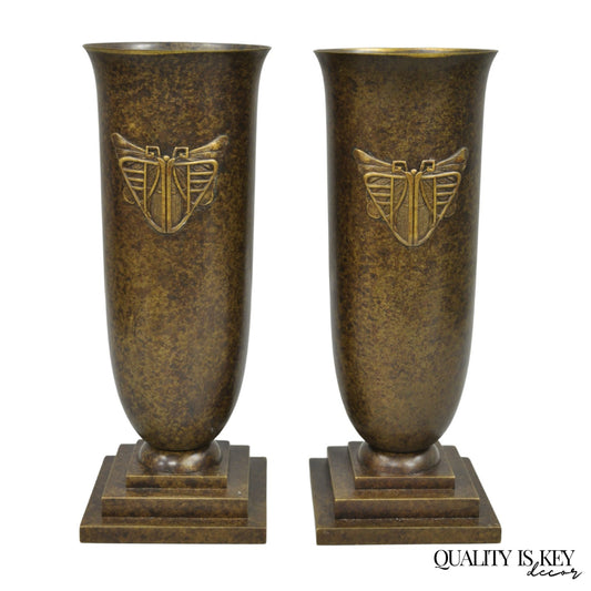 Antique French Art Deco Bronze Fluted Altar Vase w/ Butterfly Moth - a Pair