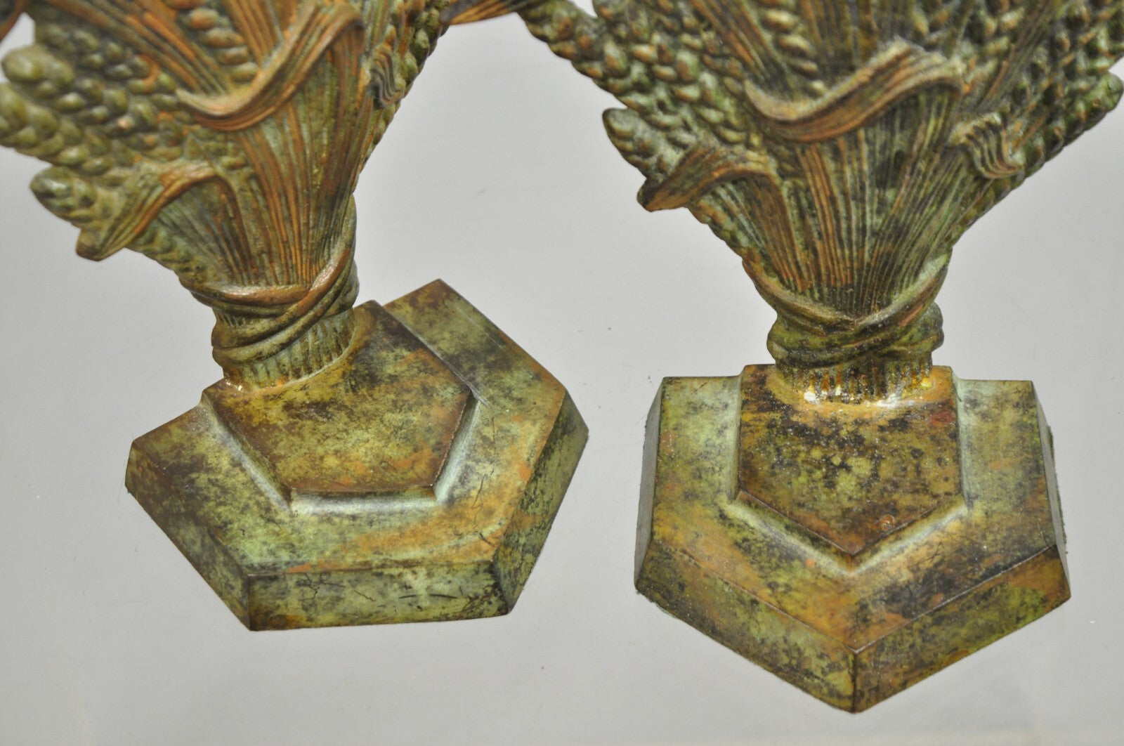 Vintage Art Nouveau Patinated Cast Metal Sheaf of Wheat Doorstop Bookends - Pair