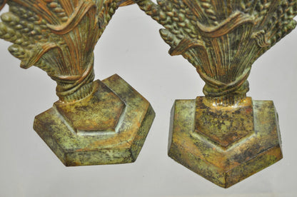 Vintage Art Nouveau Patinated Cast Metal Sheaf of Wheat Doorstop Bookends - Pair