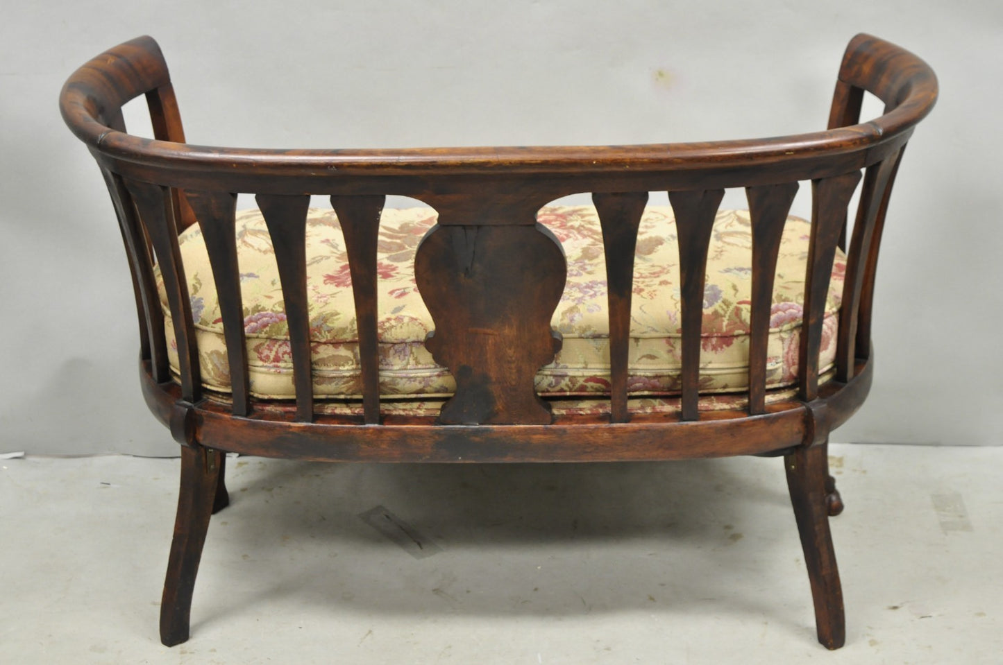 Antique Victorian Carved Mahogany Paw Foot Barrel Back Settee Loveseat Sofa