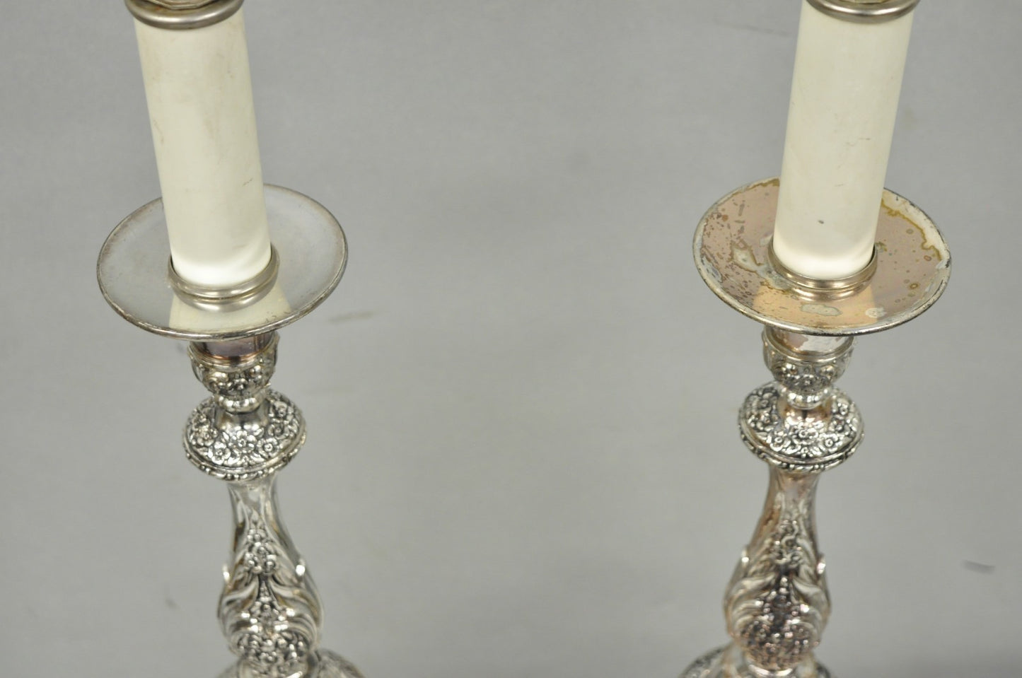 International Victorian Silver Plate Floral Repousse Candlestick Table Lamp Pair