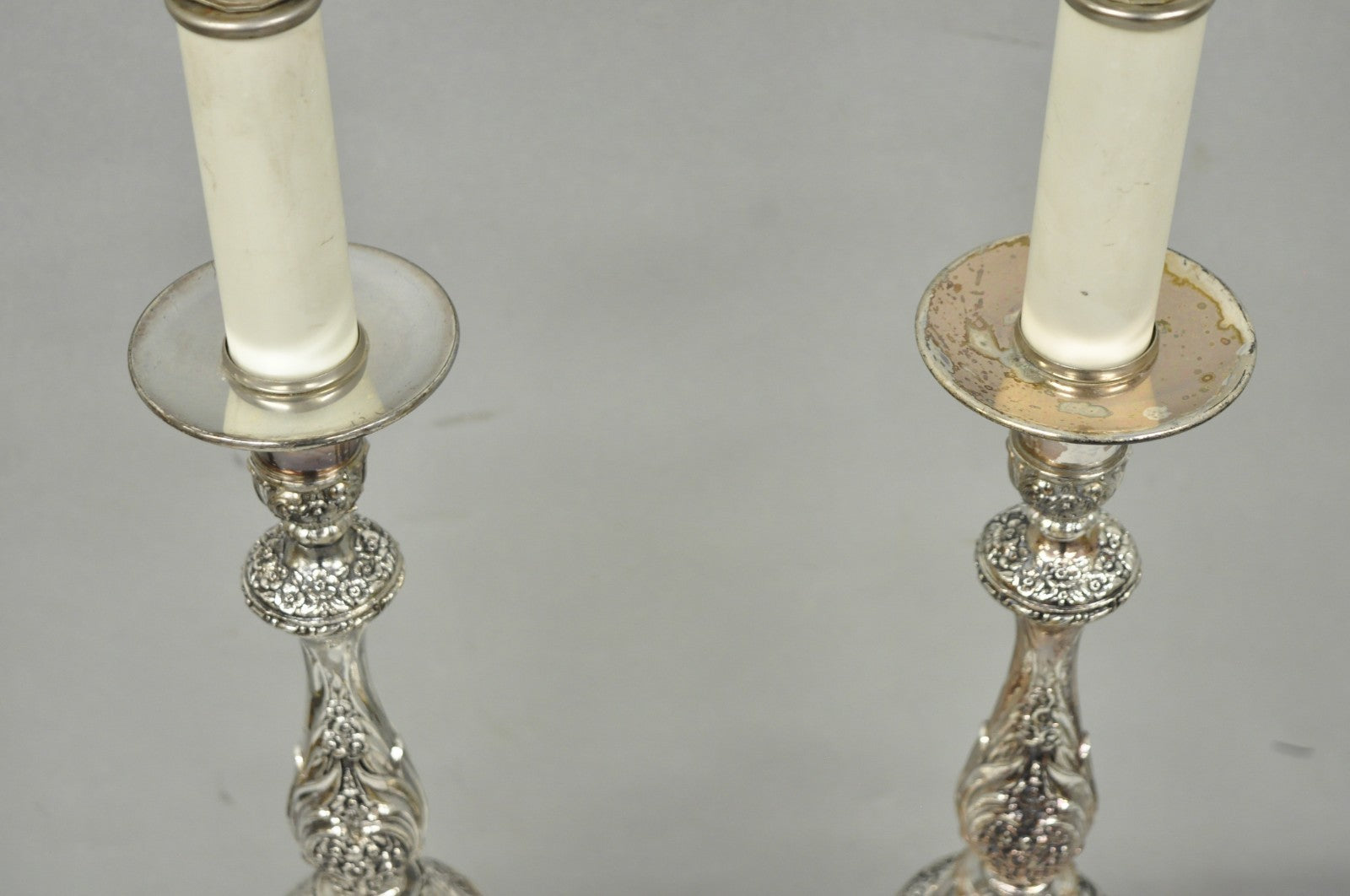 International Victorian Silver Plate Floral Repousse Candlestick Table Lamp Pair