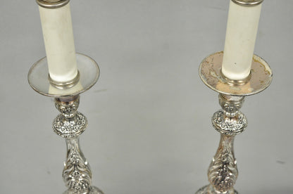 International Victorian Silver Plate Floral Repousse Candlestick Table Lamp Pair