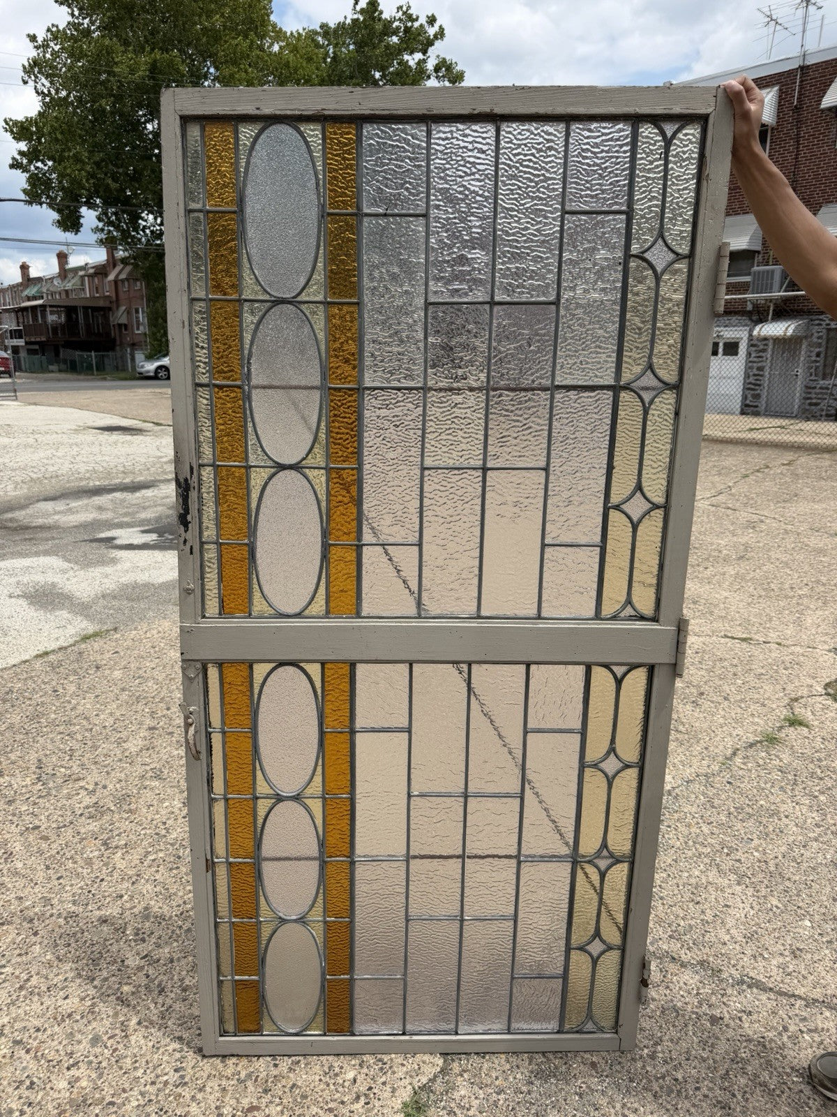 Antique Victorian Amber Stained Leaded Glass Double Window Converted to Door
