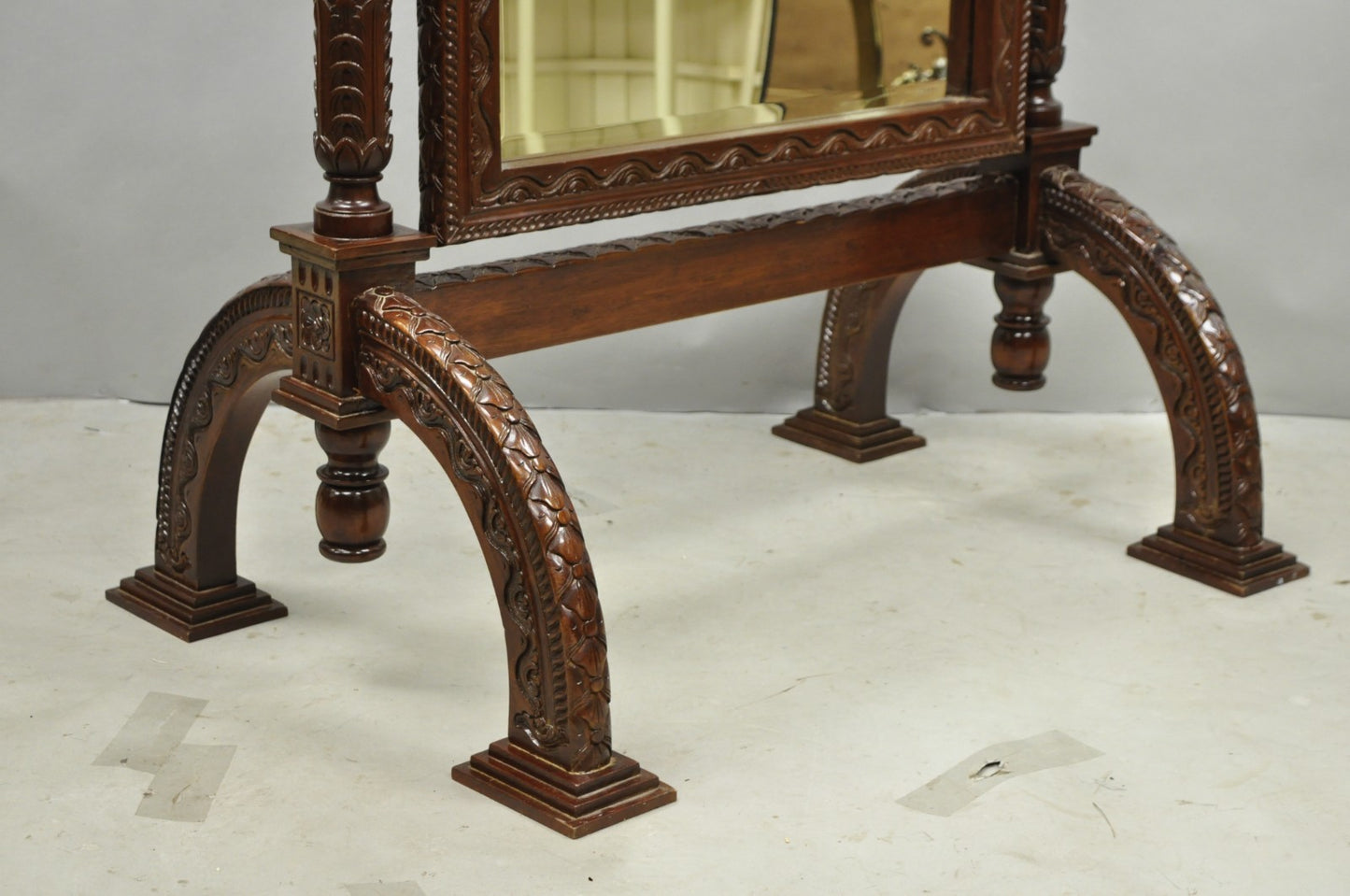 Wellington Carved Mahogany Frame Italian Renaissance Tall Dressing Cheval Mirror
