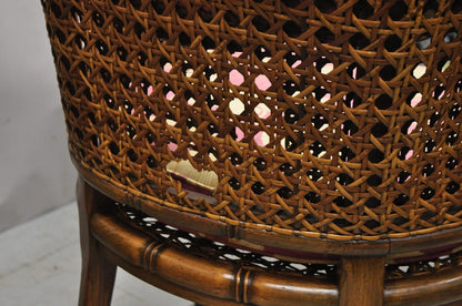 Vintage Hollywood Regency Faux Bamboo Cane Barrel Back Lounge Chairs (A) - Pair