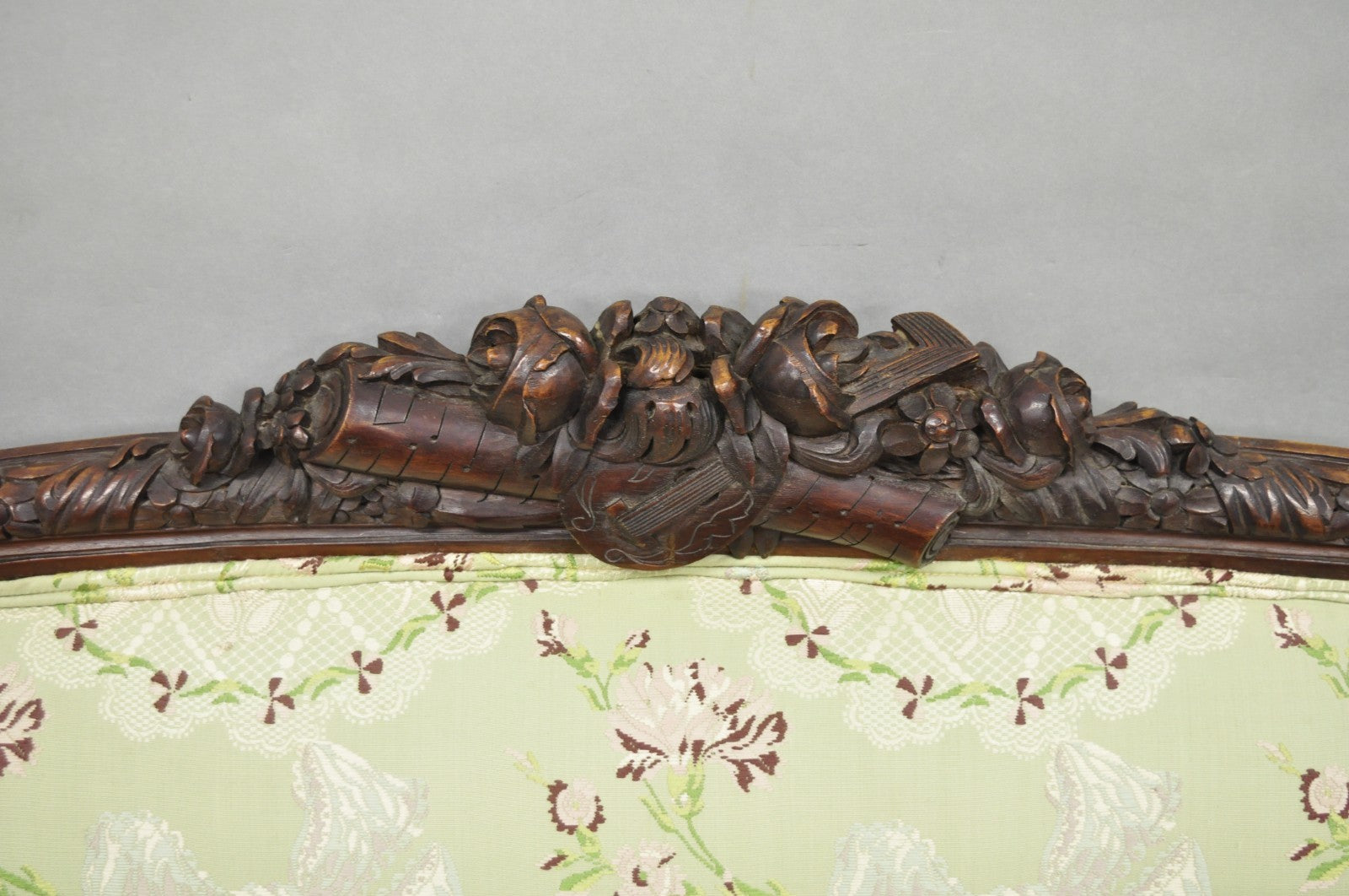 Antique Italian Renaissance Carved Walnut French Victorian Rams Head Green Sofa