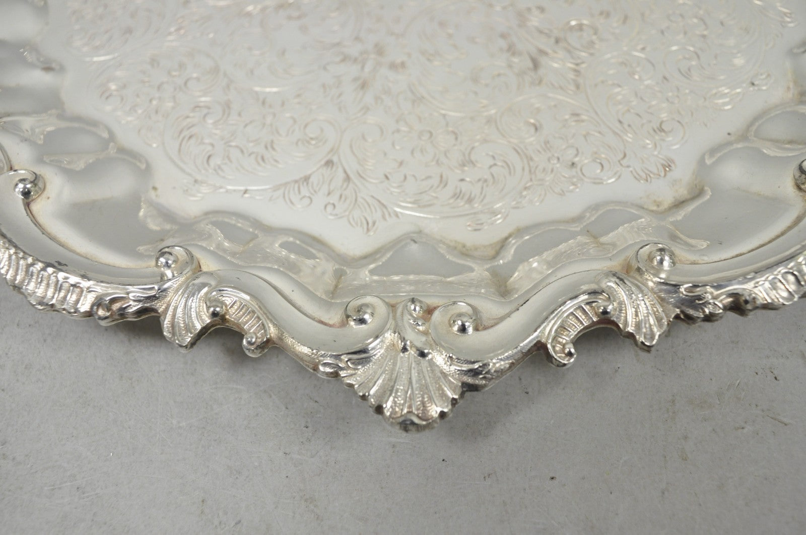 Vintage SBEP Victorian Silver Plated Round Scalloped Salver Bar Tray Platter