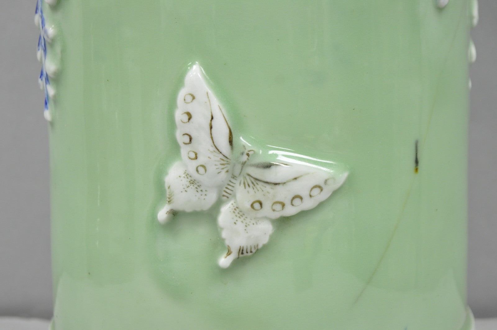 Japanese Porcelain Glazed Celadon Wisteria Flower & Butterfly Umbrella Stand