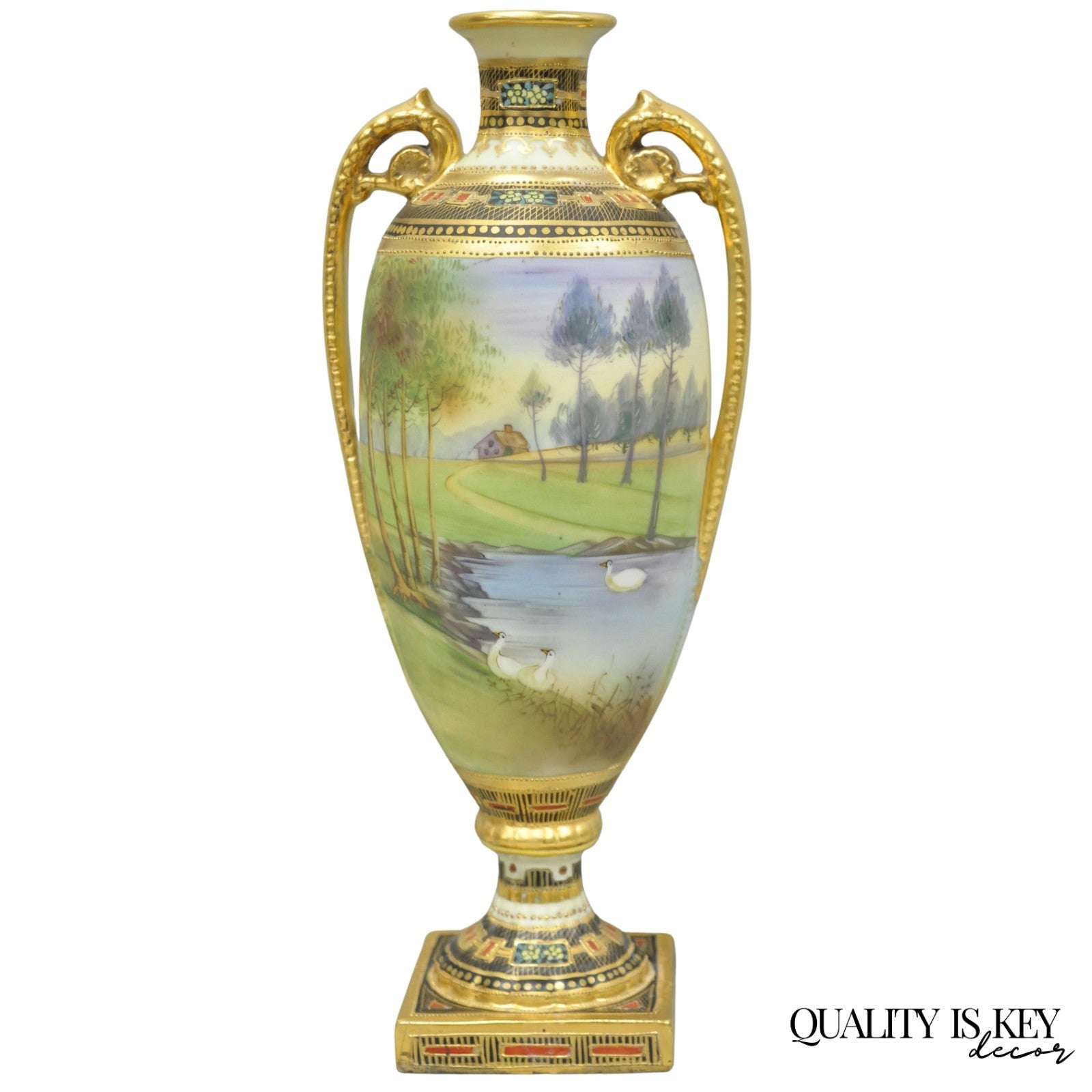 Antique Nippon Hand Painted Twin Handled Gold Gilt Lake & Swan Scene Bolted Vase