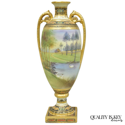 Antique Nippon Hand Painted Twin Handled Gold Gilt Lake & Swan Scene Bolted Vase