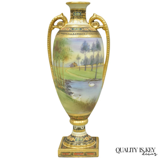 Antique Nippon Hand Painted Twin Handled Gold Gilt Lake & Swan Scene Bolted Vase