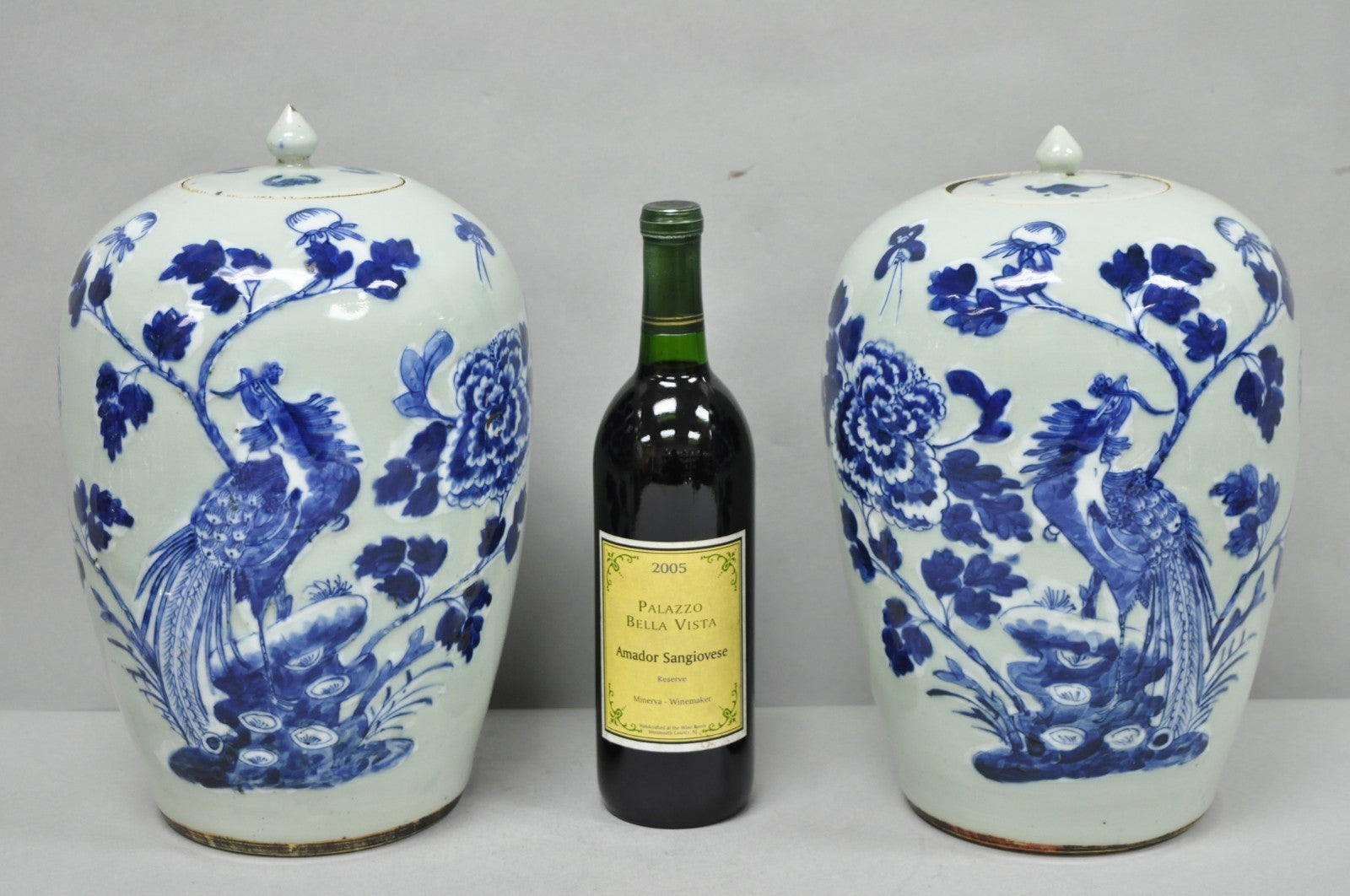 Antique Chinese Phoenix Bird Celadon Green Porcelain Covered Ginger Jar - Pair
