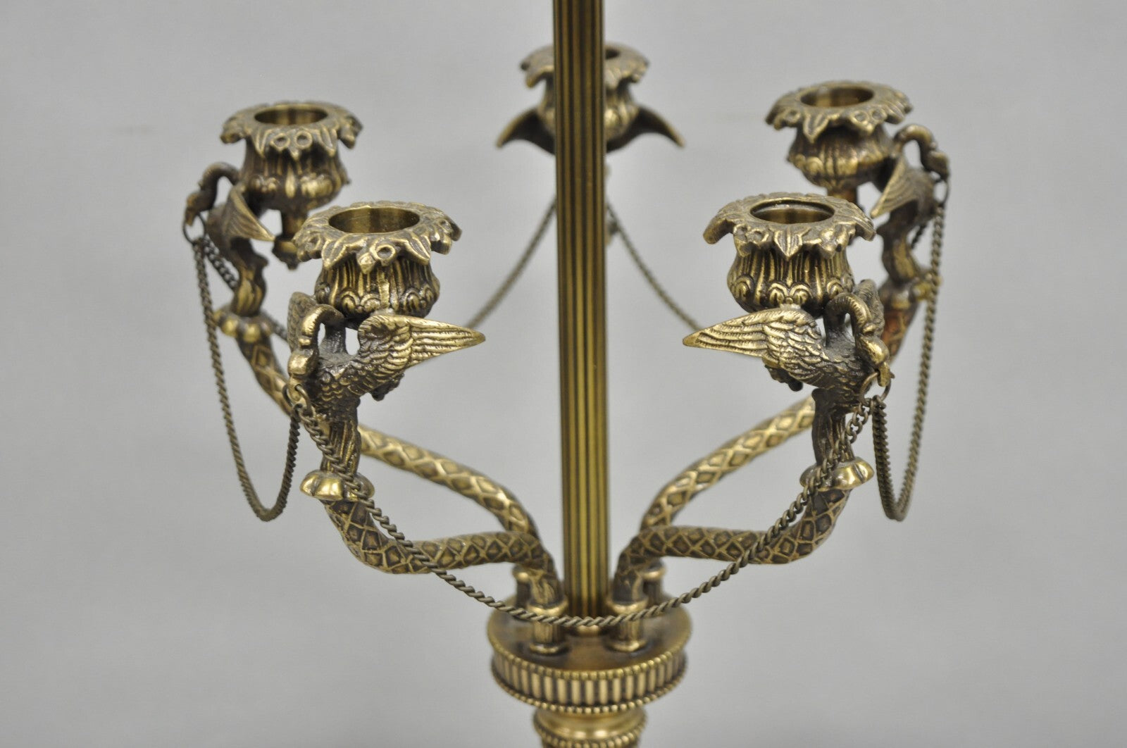 Vintage French Regency Style Brass Swans Candelabra Table Lamps - a Pair