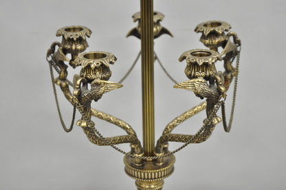Vintage French Regency Style Brass Swans Candelabra Table Lamps - a Pair