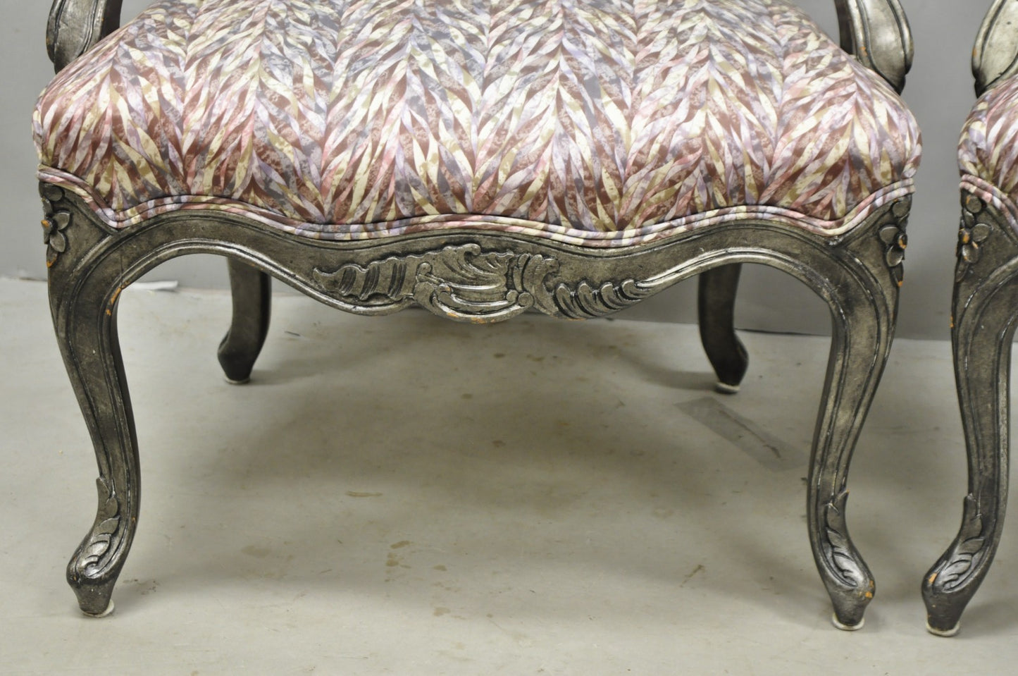 Vintage Italian Baroque Rococo Style Silver Leaf Gilt Lounge Arm Chairs - a Pair