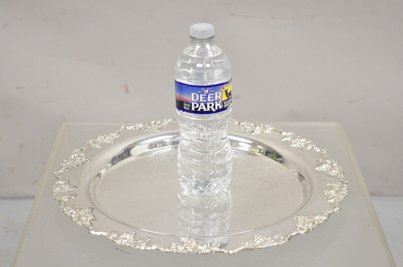 Antique English Victorian Silver Plated Grapevine Round Serving Platter Tray