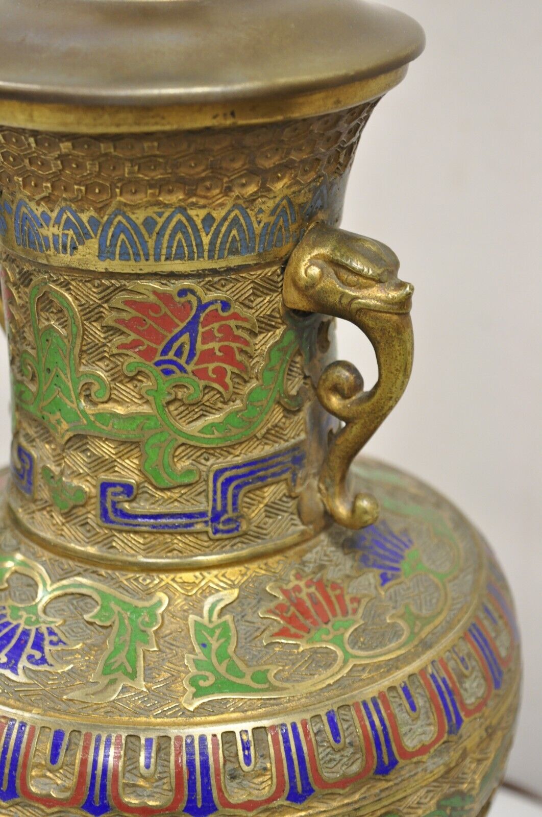 Vintage Middle Eastern Cloisonné Champlevé Blue Green Brass Table Lamp