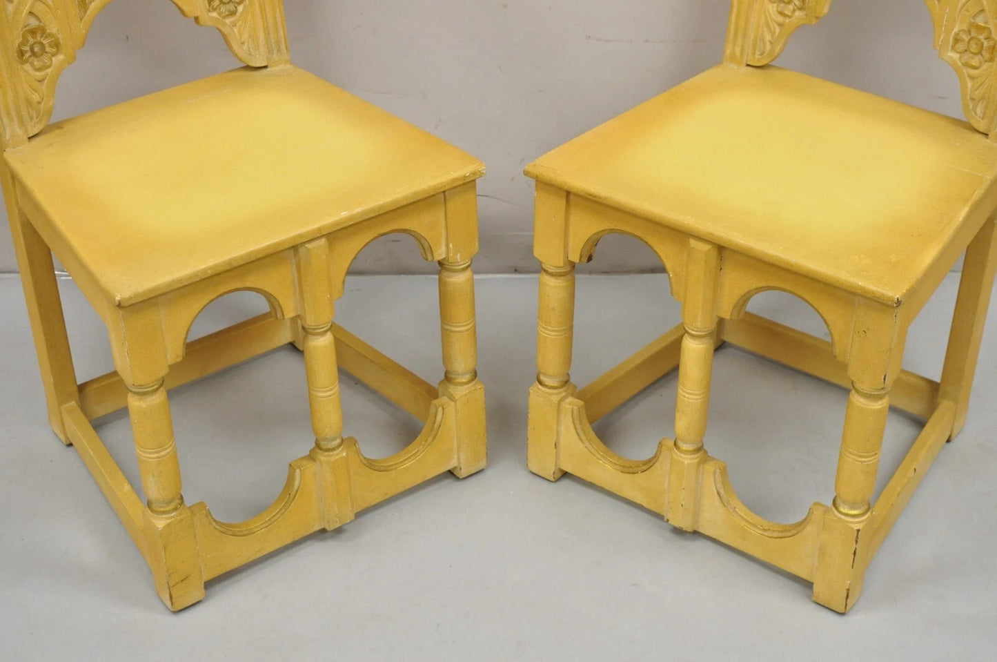 Vintage Gothic Renaissance Painted Hall Altar Console Table Chair Set - 4 Pc Set