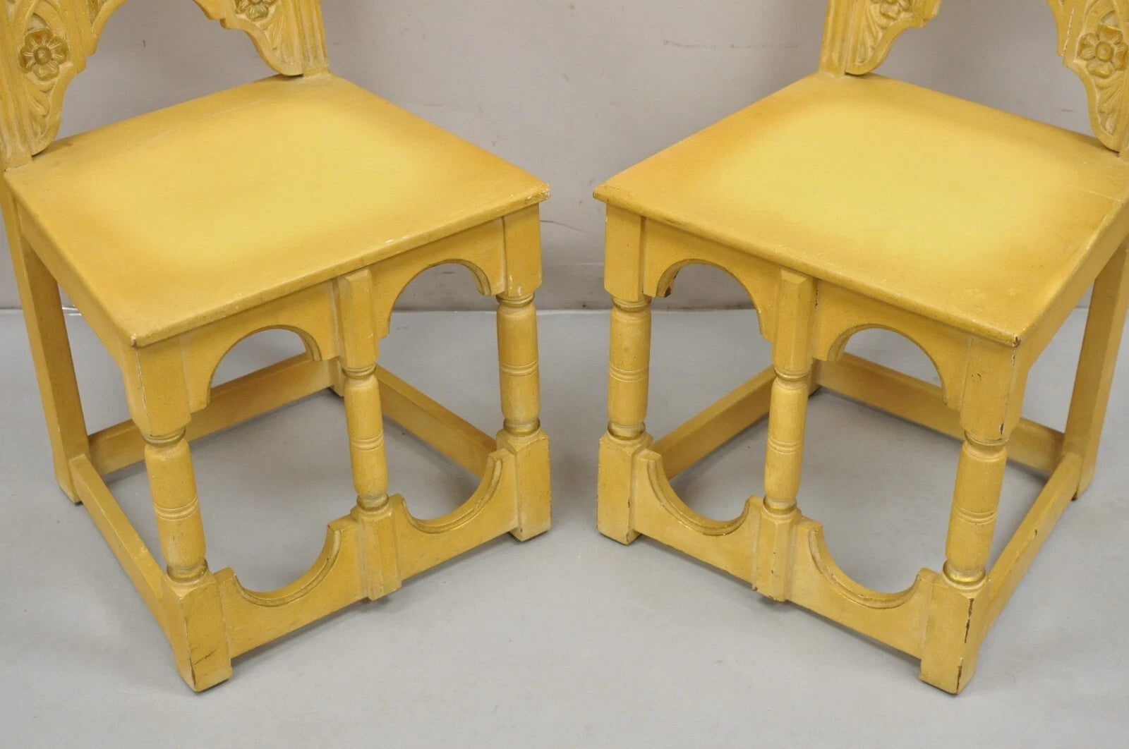 Vintage Gothic Renaissance Painted Hall Altar Console Table Chair Set - 4 Pc Set