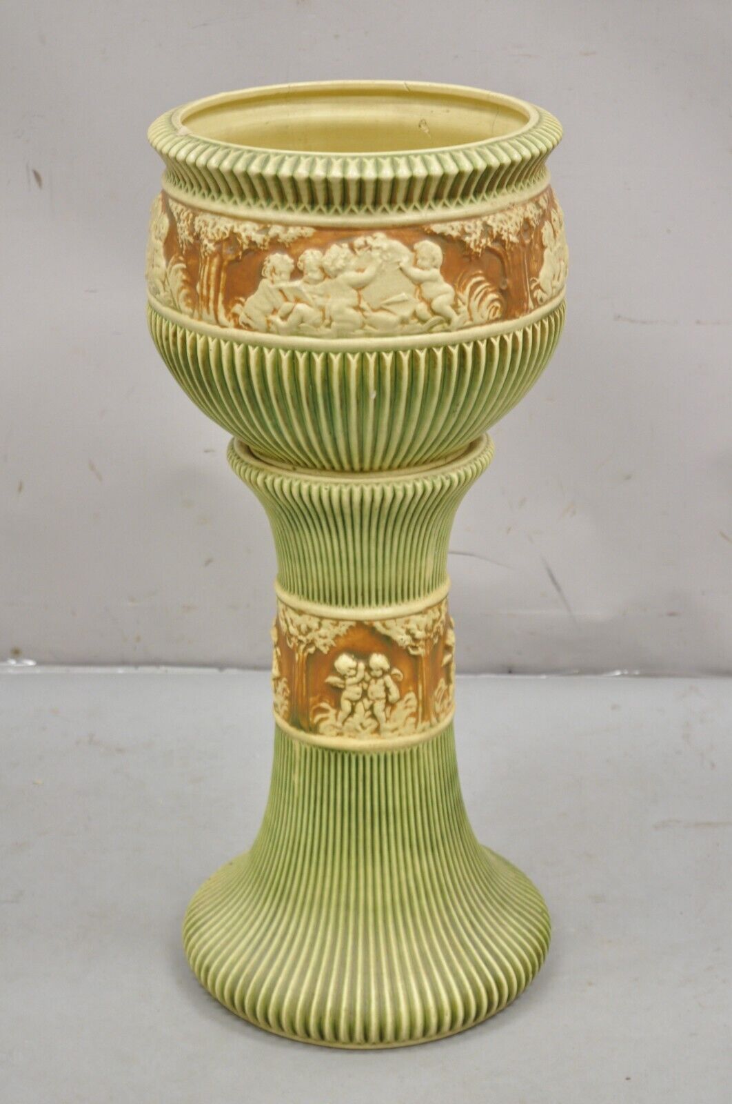 Antique Roseville Donatello Cherubs Art Pottery Jardiniere & Pedestal Flower Pot