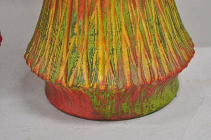 Vintage Mid Century Modern Ceramic Pottery Green Orange Flame Table Lamp - Pair