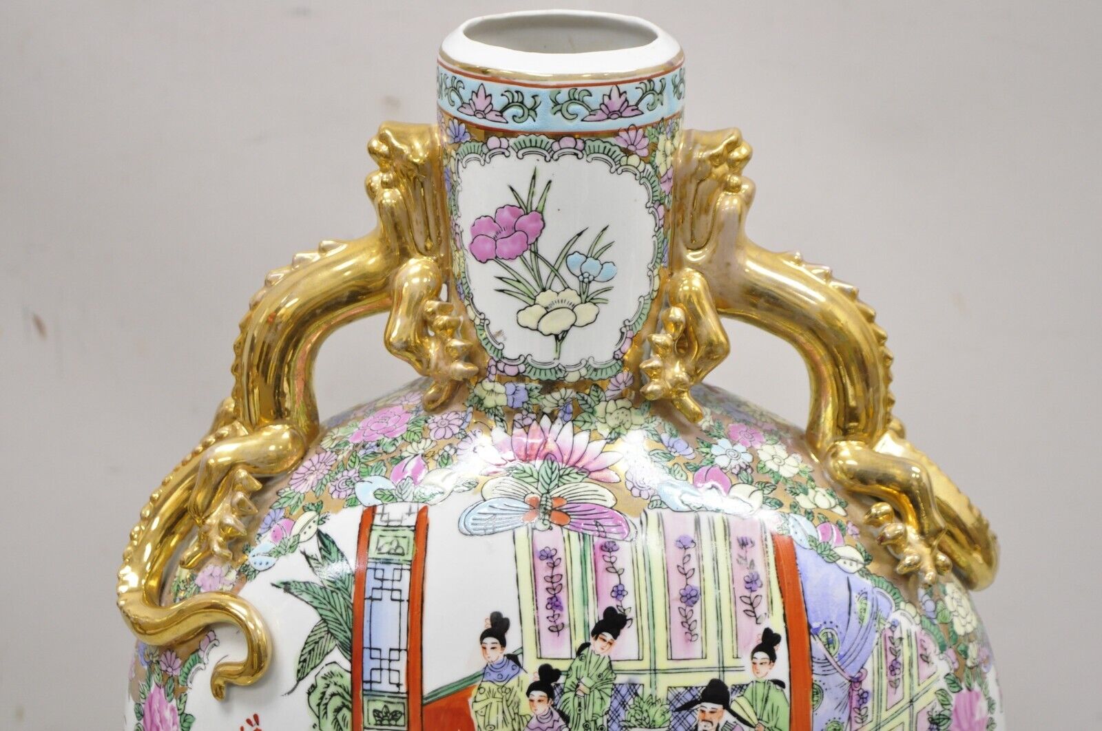 Vtg Chinese Famille Rose Porcelain Figural Orange Moon Flask Vase with Dragons