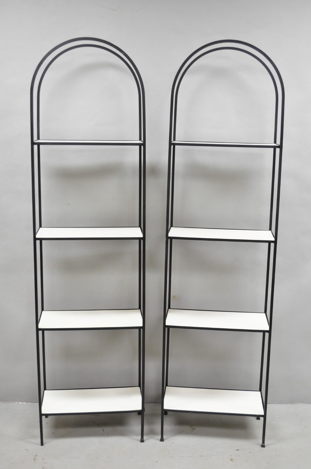 Vintage Mid Century Modern Narrow Arched Wrought Iron Etagere Bookcase - a Pair