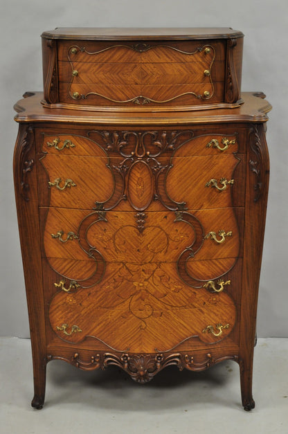 Antique French Louis XV Carved Walnut Satinwood Inlay Highboy Tall Chest Dresser