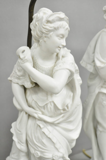 Victorian White Parian Porcelain Figural Bisque Man and Woman Table Lamps, Pair