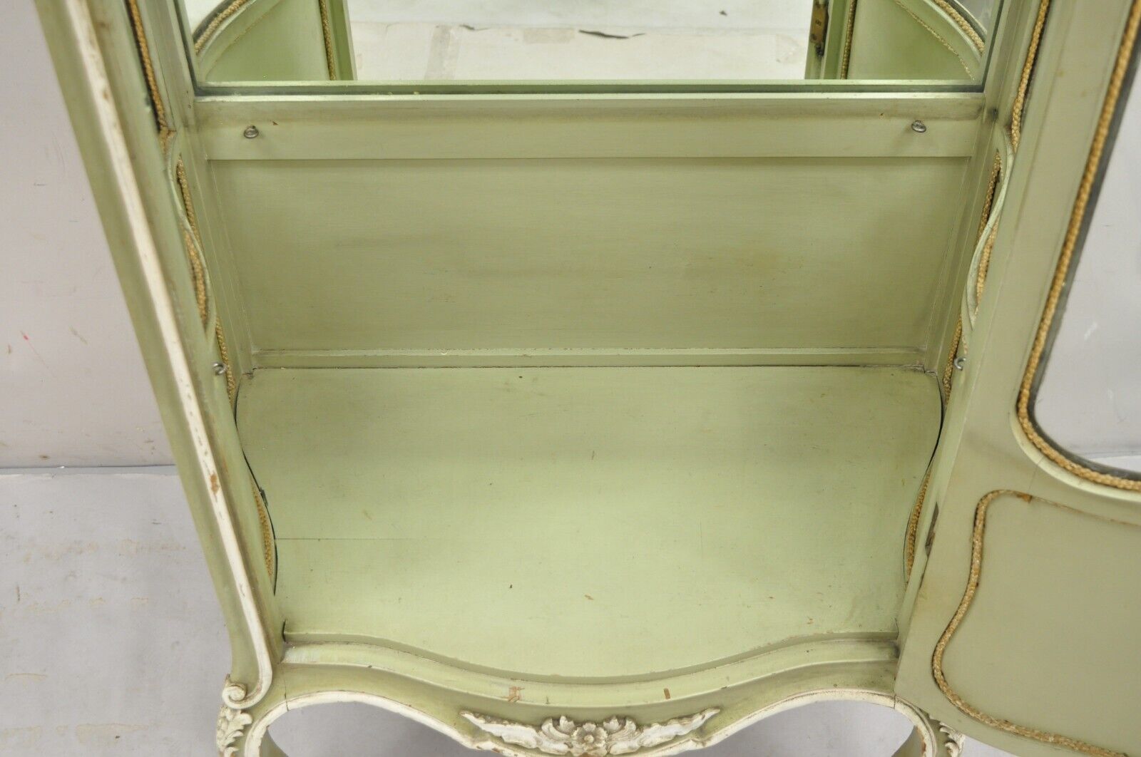 Antique French Louis XV Style Green Distress Painted Curved Glass Curio Cabinet