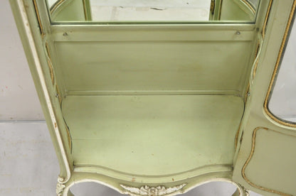 Antique French Louis XV Style Green Distress Painted Curved Glass Curio Cabinet