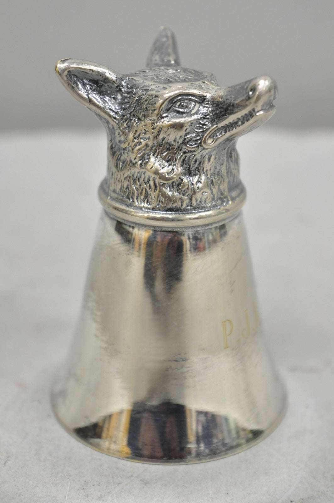 Vintage Pewter Fox Head Silver Plated Stirrup Cup Hunting Equestrian Shot Glass