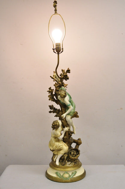 Vintage French Renaissance Moreau Metal Boy and Girl Large Figural Table Lamp