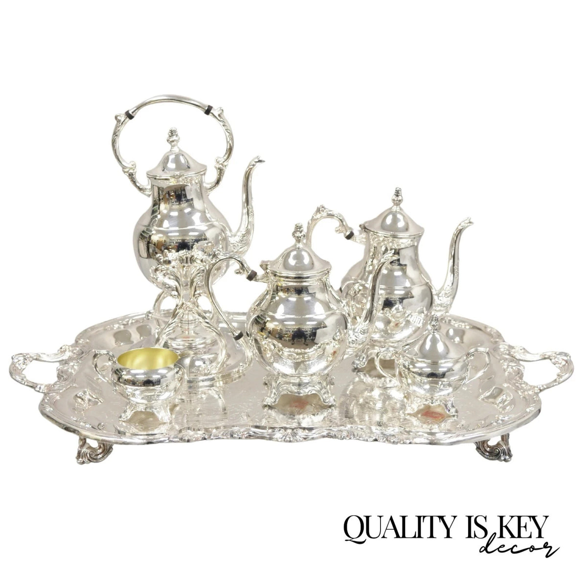Vintage FB Rogers Victorian Silver Plated Tea Set with Tilting Pot - 6 Pcs