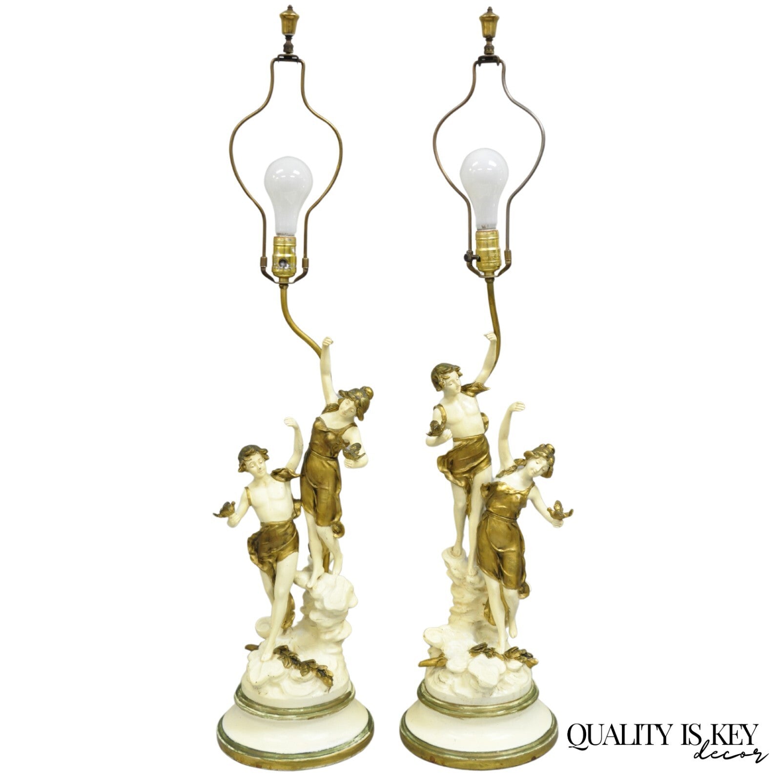 Antique L&F Moreau Spelter Metal Painted Figural Boy and Girl Table Lamp - Pair