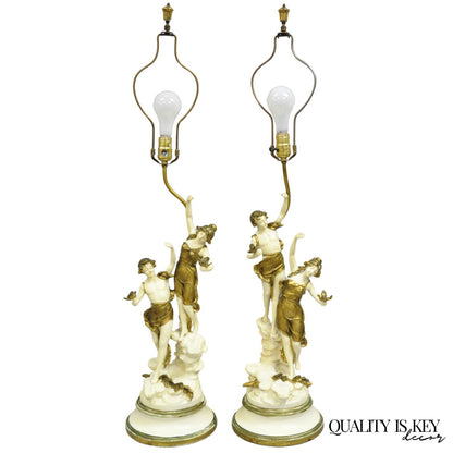 Antique L&F Moreau Spelter Metal Painted Figural Boy and Girl Table Lamp - Pair