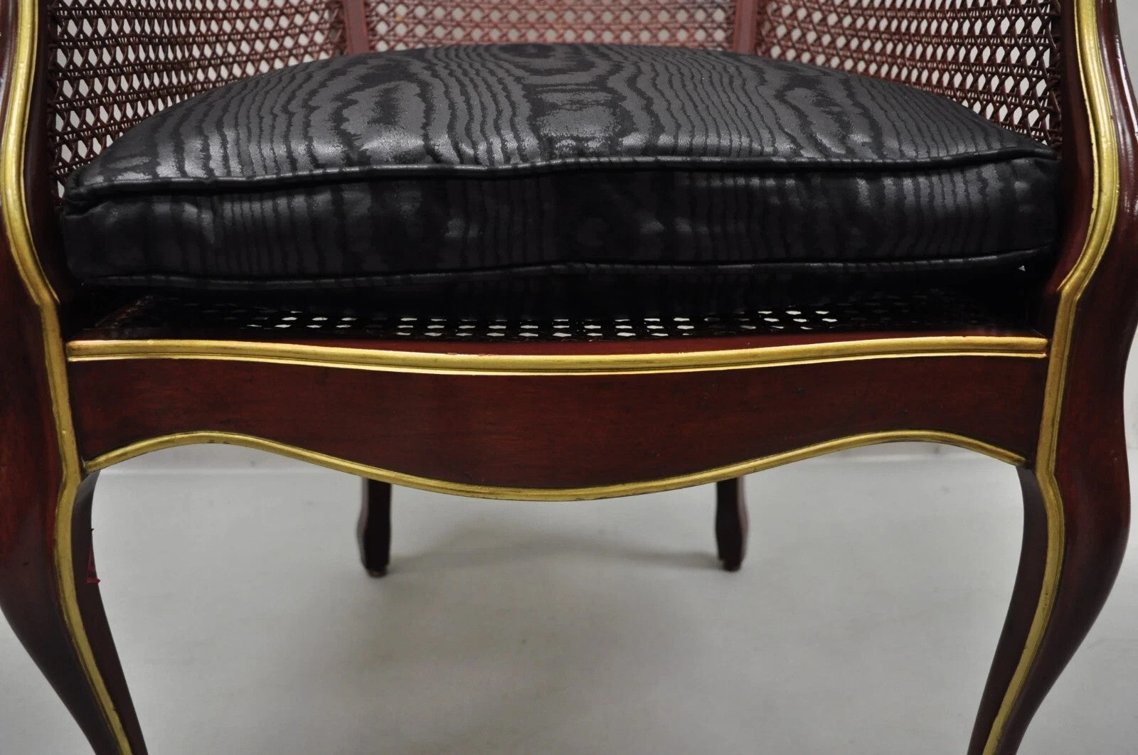 Vintage French Louis XV Style Red Lacquer & Gold Cane Bergere Lounge Club Chair