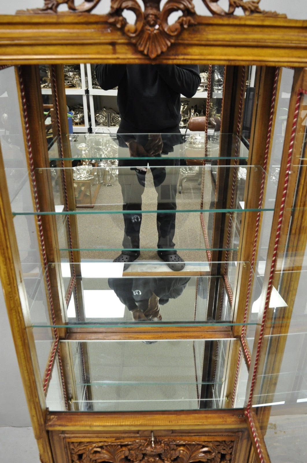 Vintage French Baroque Style Carved Wood & Glass Curio China Display Cabinet