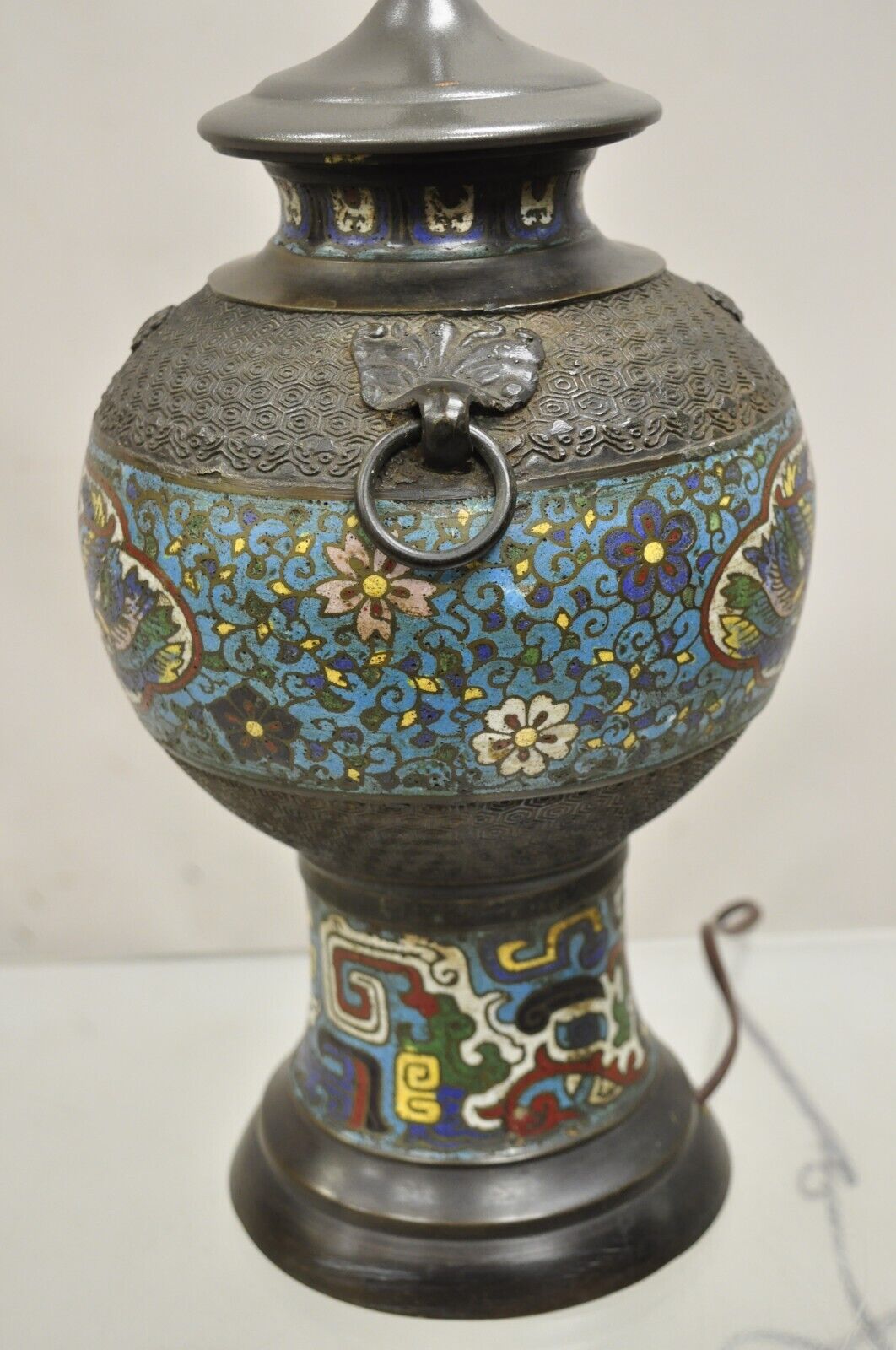Antique Chinese Cloisonne Blue Porcelain Enamel  Bronze Figural Table Lamp