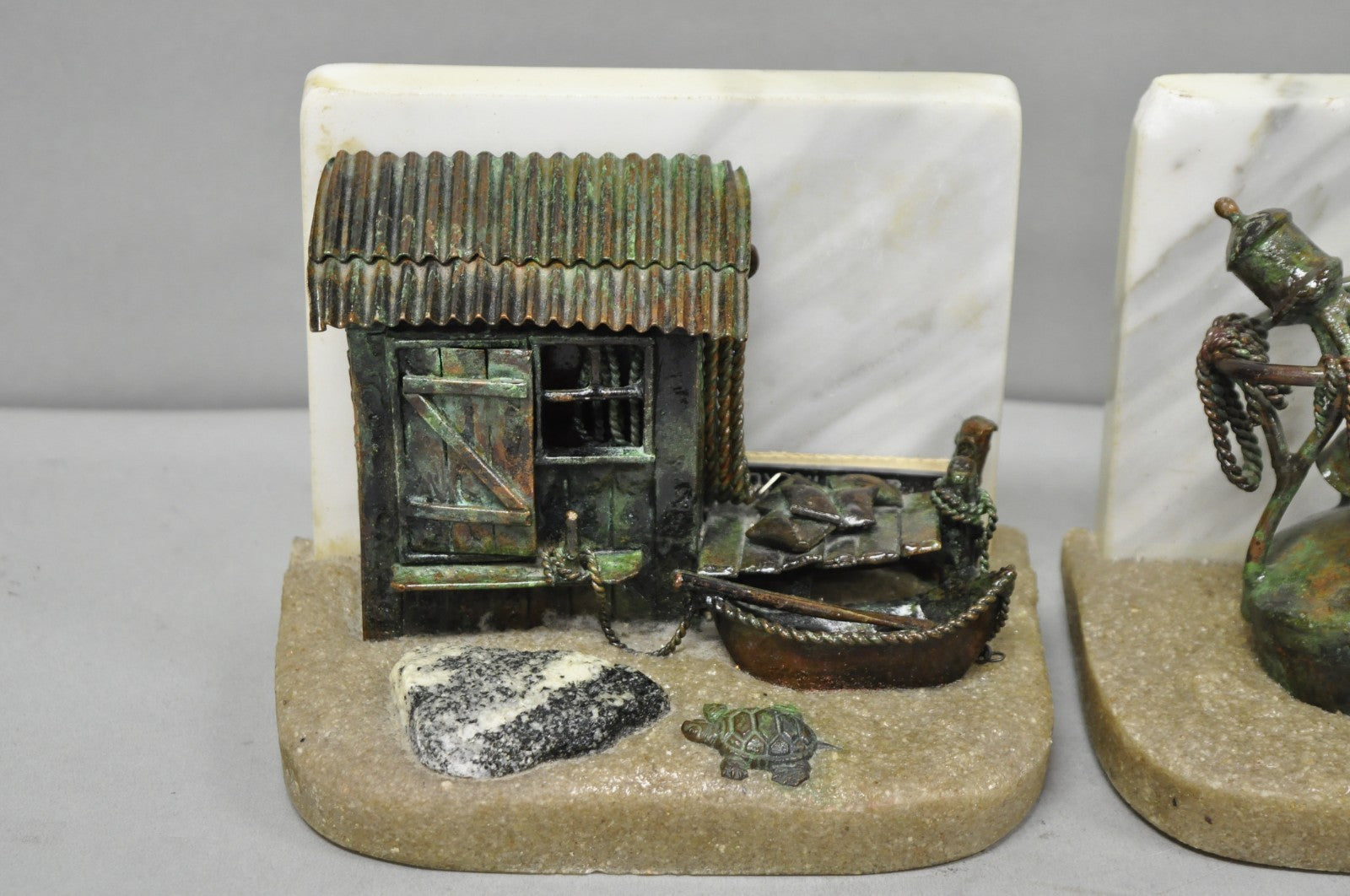 Curtis Clawson Mid Century Modern Brutalist Nautical Bronze & Marble Bookends