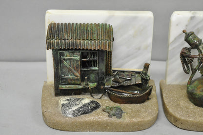 Curtis Clawson Mid Century Modern Brutalist Nautical Bronze & Marble Bookends