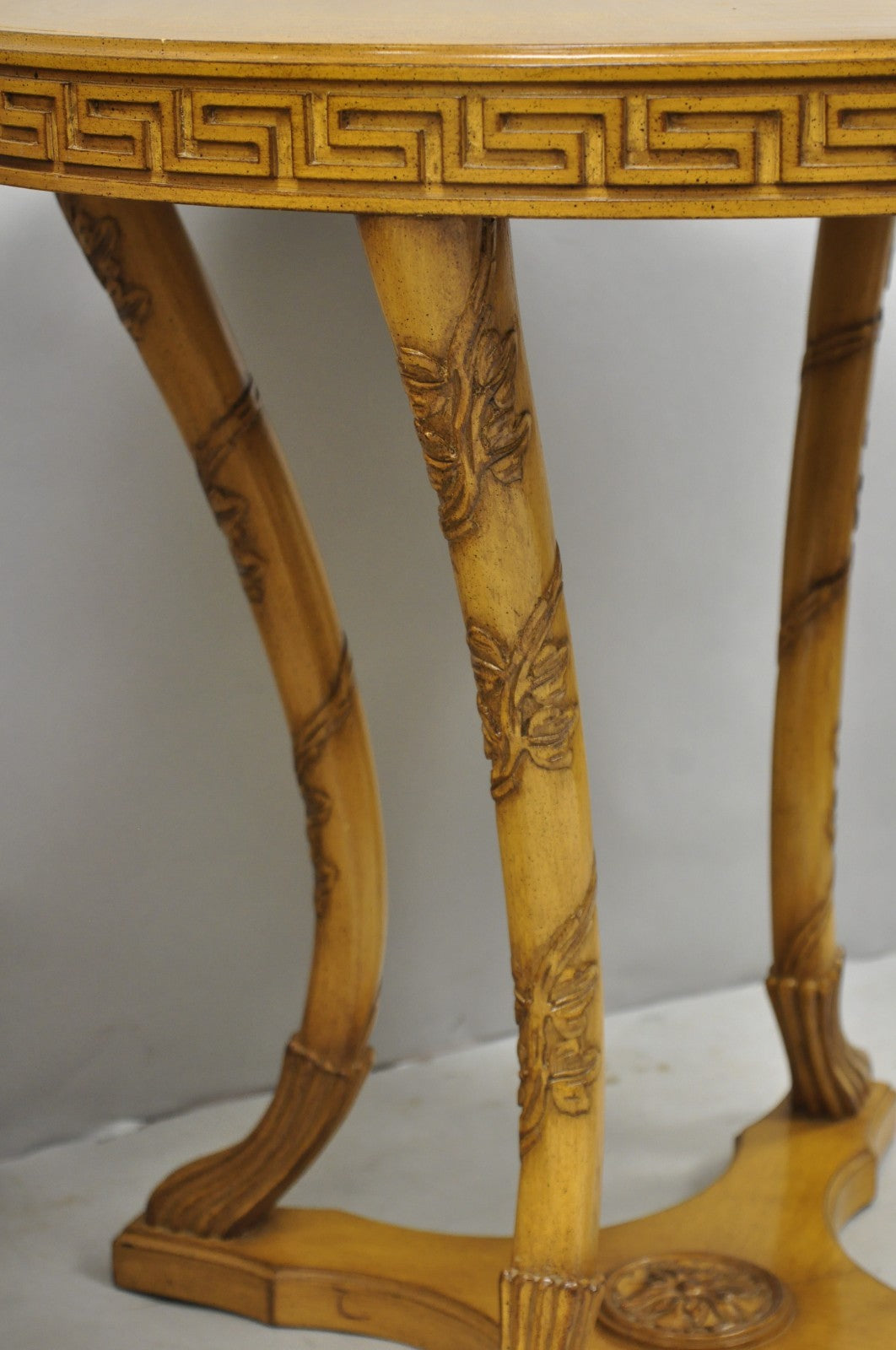 Vintage Italian Regency Round Leather Top Greek Key Carved Side Tables - a Pair