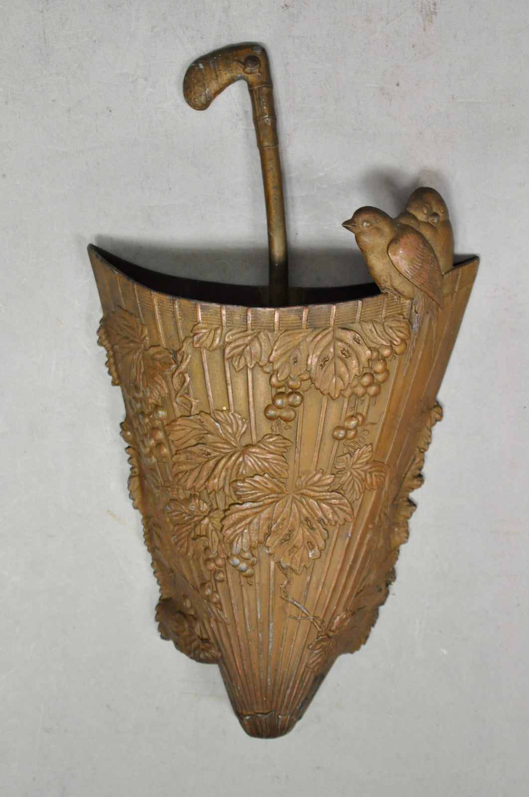 Antique French Art Nouveau Cast Metal Figural Umbrella Form Wall Pocket