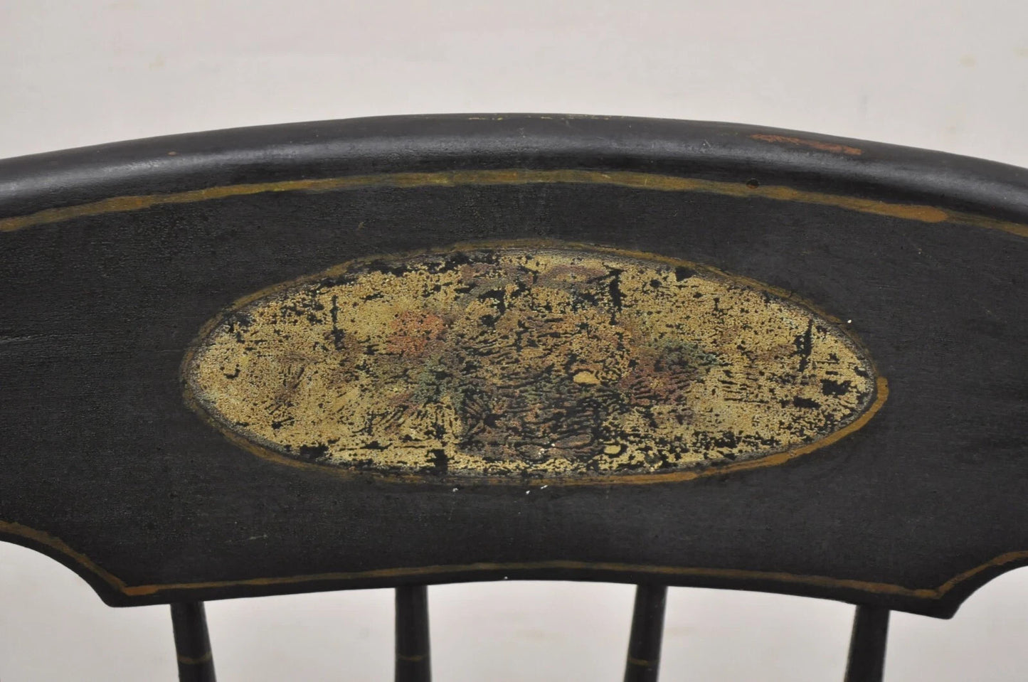 Antique Colonial Stencil Back Black Painted Plank Bottom Rocker Rocking Chair